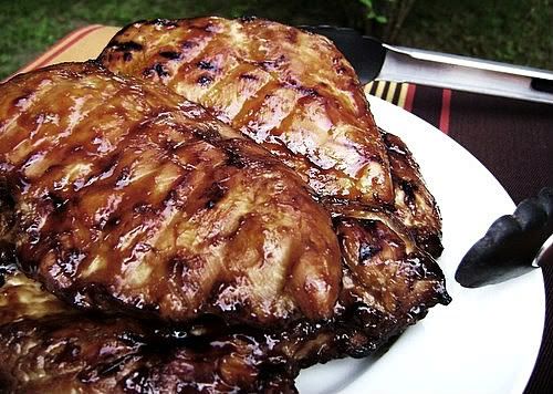 /><br/> <br/> KAHLUA CHICKEN<br/> (Source: adapted from a recipe by dixiechik @ Tasty Kitchen)<br/> <br/> 1-1 1/2 lb. boneless skinless chicken breast halves<br/> <br/> MARINADE:<br/> 1/2 c. Kahlua<br/> 1/2 c. lite soy sauce<br/> 3 Tbsp. red wine vinegar<br/> 1 tsp. grated fresh ginger<br/> 1 clove garlic, grated or 